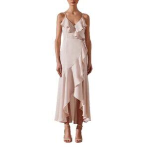 Shona Joy Revolve Luxe Bias Frill Wrap Dress - porcelain beige, size 4